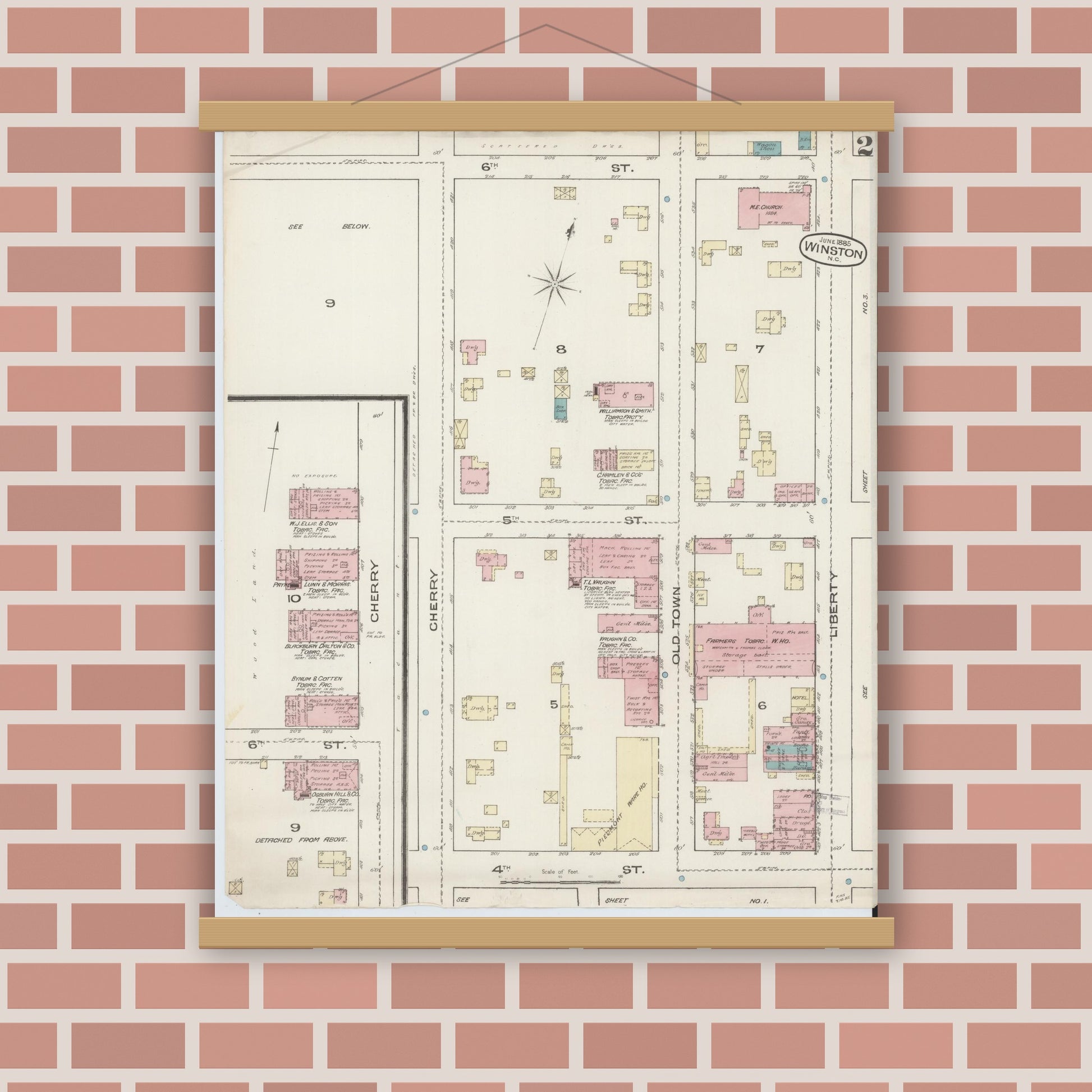 Old map wall art mockup — magnetic wood frame on brick wall — Sanborn Fire Insurance Map from Winston-Salem, Forsyth County, North Carolina (1885), Sheet #0002