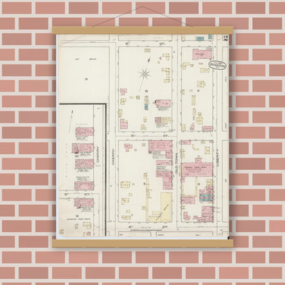 Old map wall art mockup — magnetic wood frame on brick wall — Sanborn Fire Insurance Map from Winston-Salem, Forsyth County, North Carolina (1885), Sheet #0002