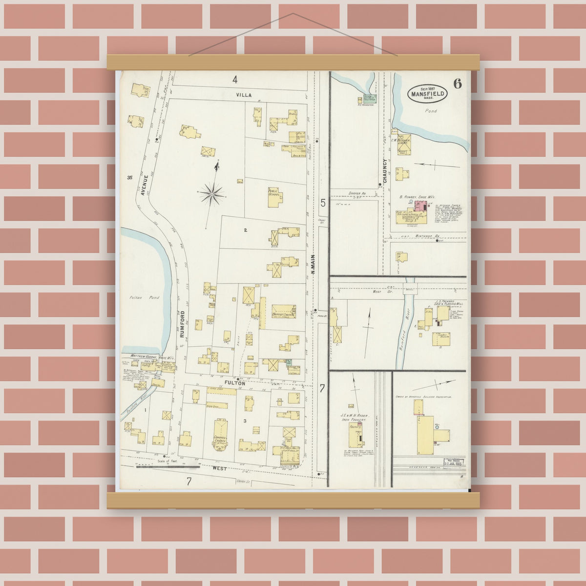 Old map wall art mockup — magnetic wood frame on brick wall — Sanborn Fire Insurance Map from Mansfield, Bristol County, Massachusetts (1897), Sheet #0006