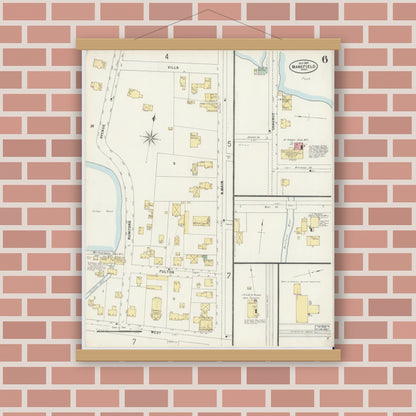 Old map wall art mockup — magnetic wood frame on brick wall — Sanborn Fire Insurance Map from Mansfield, Bristol County, Massachusetts (1897), Sheet #0006