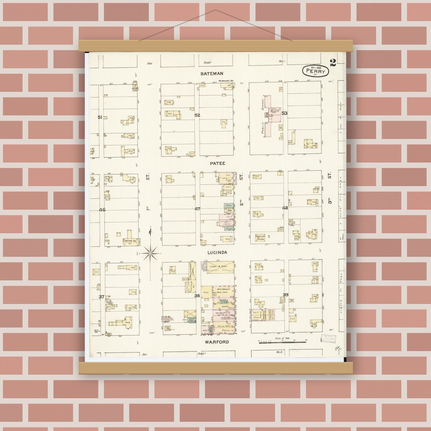 Old map wall art mockup — magnetic wood frame on brick wall — Sanborn Fire Insurance Map from Perry, Dallas County, Iowa (1888), Sheet #0002