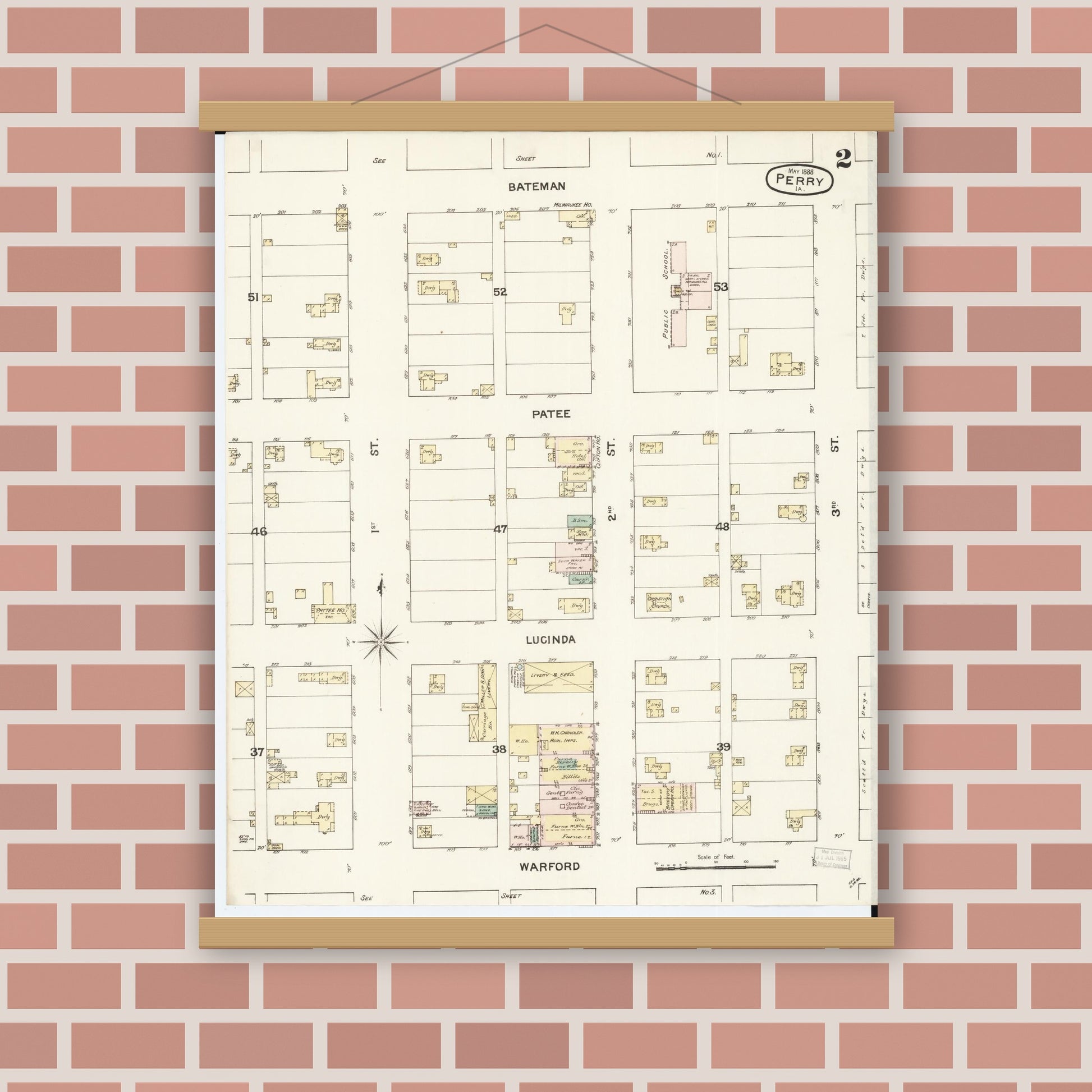Old map wall art mockup — magnetic wood frame on brick wall — Sanborn Fire Insurance Map from Perry, Dallas County, Iowa (1888), Sheet #0002