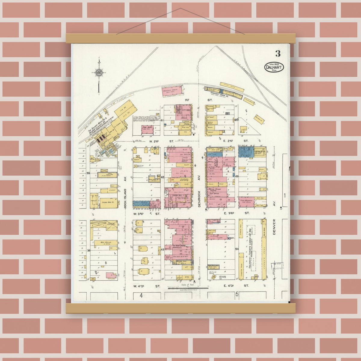Old map wall art mockup — magnetic wood frame on brick wall — Sanborn Fire Insurance Map from Dalhart, Dallam And Hartley County, Texas (1920), Sheet #0003