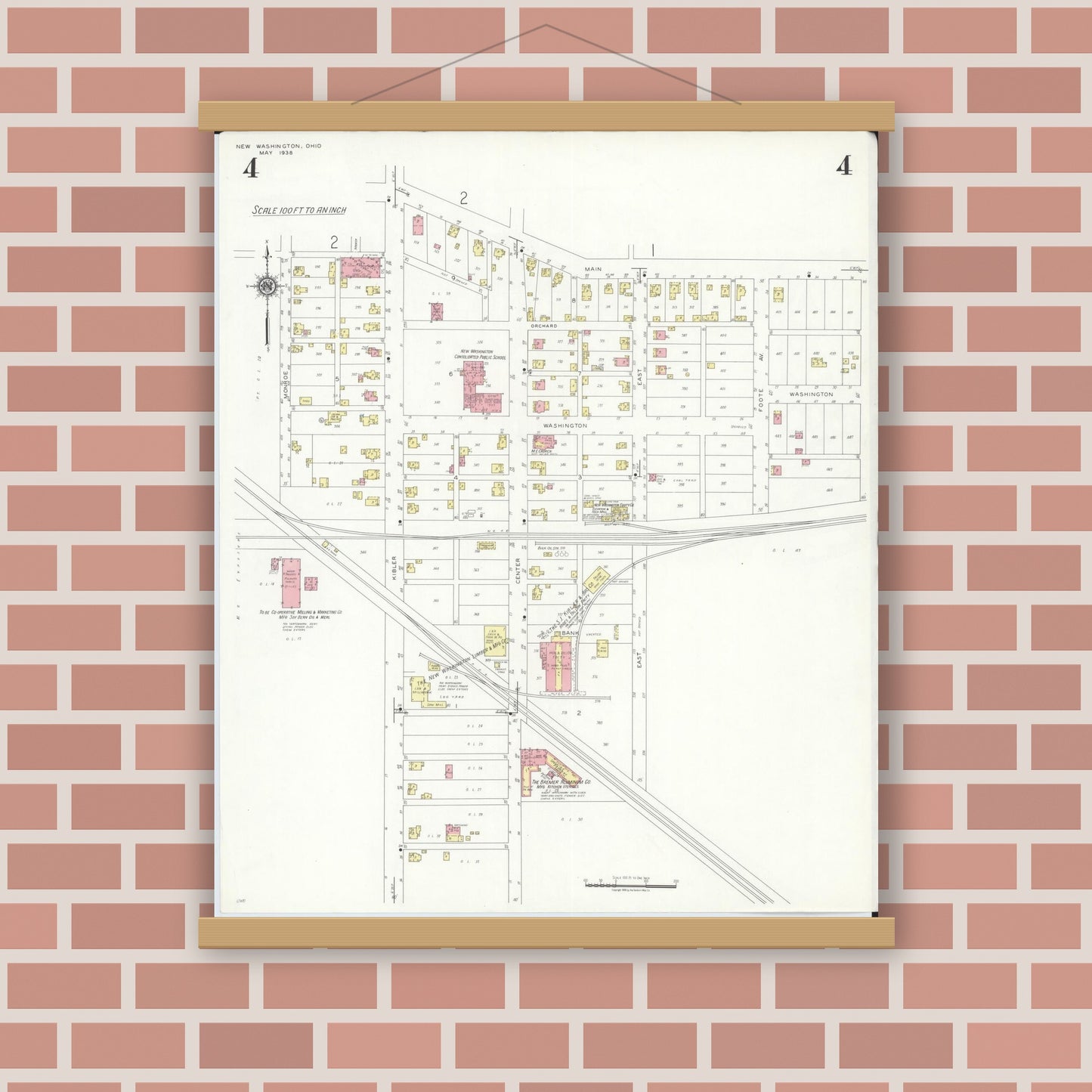 Old map wall art mockup — magnetic wood frame on brick wall — Sanborn Fire Insurance Map from New Washington, Crawford County, Ohio (1938), Sheet #0004