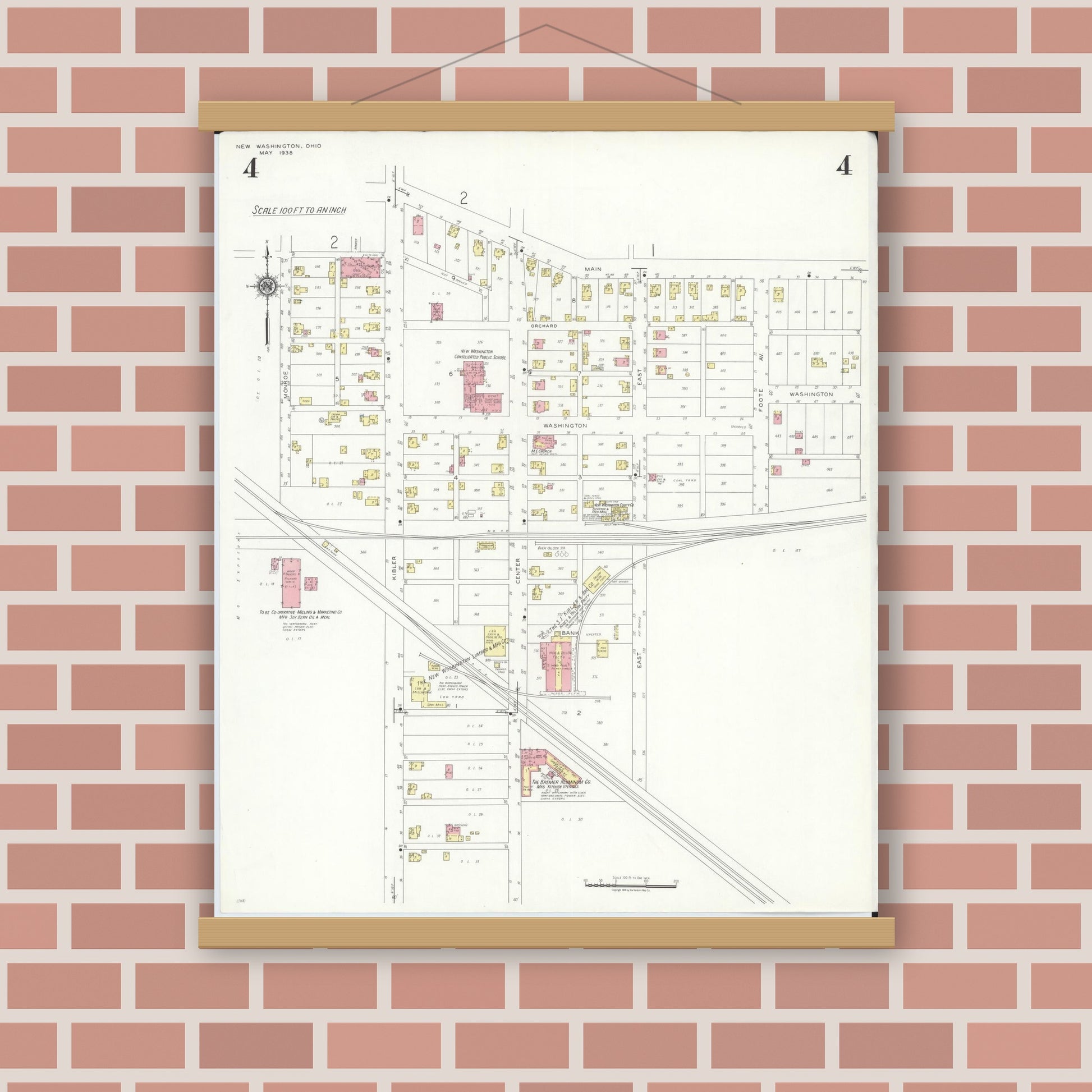 Old map wall art mockup — magnetic wood frame on brick wall — Sanborn Fire Insurance Map from New Washington, Crawford County, Ohio (1938), Sheet #0004