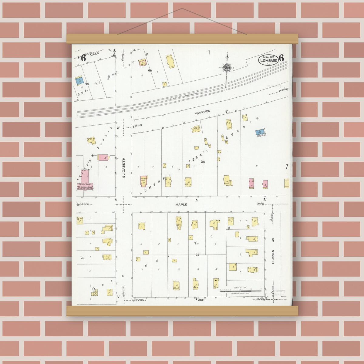 Old map wall art mockup — magnetic wood frame on brick wall — Sanborn Fire Insurance Map from Lombard, Du Page County, Illinois (1925), Sheet #0006
