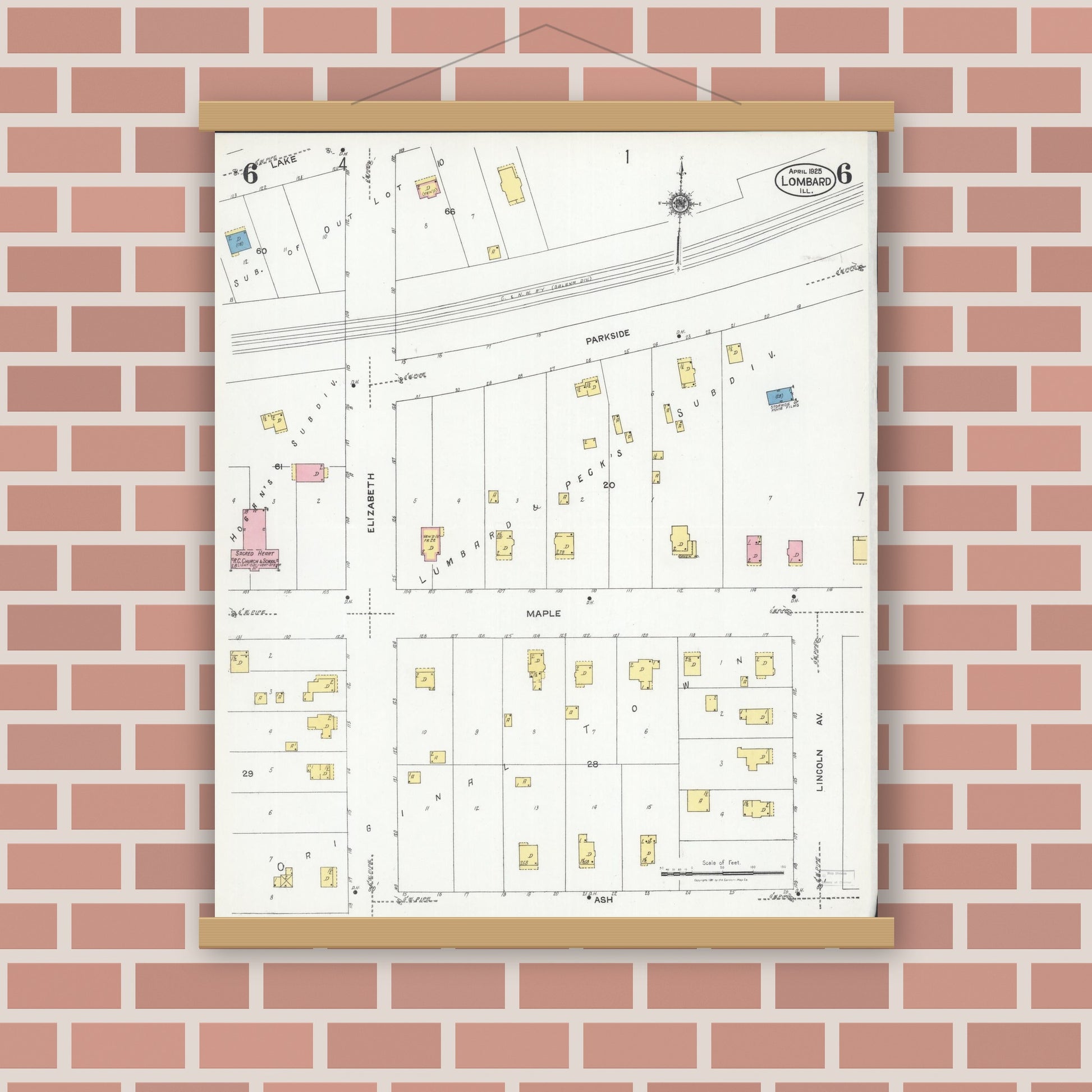 Old map wall art mockup — magnetic wood frame on brick wall — Sanborn Fire Insurance Map from Lombard, Du Page County, Illinois (1925), Sheet #0006