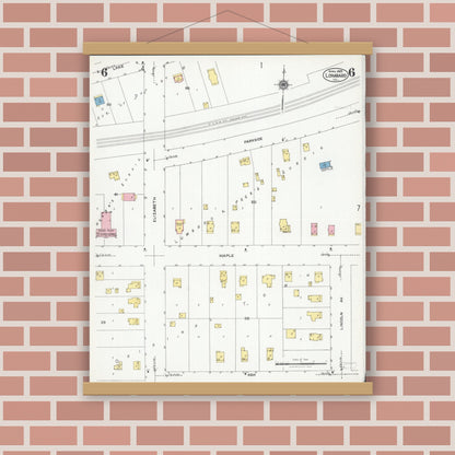 Old map wall art mockup — magnetic wood frame on brick wall — Sanborn Fire Insurance Map from Lombard, Du Page County, Illinois (1925), Sheet #0006