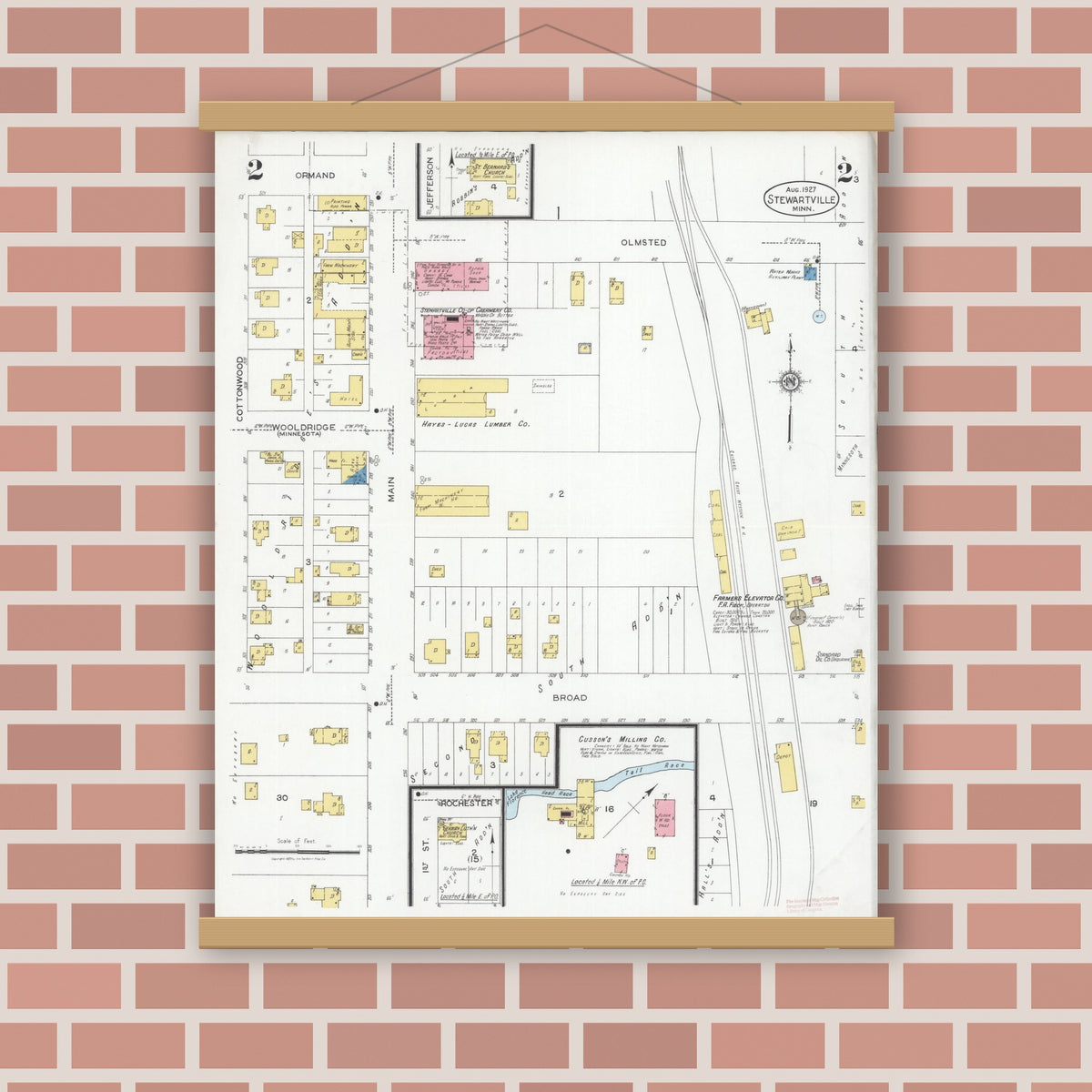 Old map wall art mockup — magnetic wood frame on brick wall — Sanborn Fire Insurance Map from Stewartville, Olmsted County, Minnesota (1927), Sheet #0002