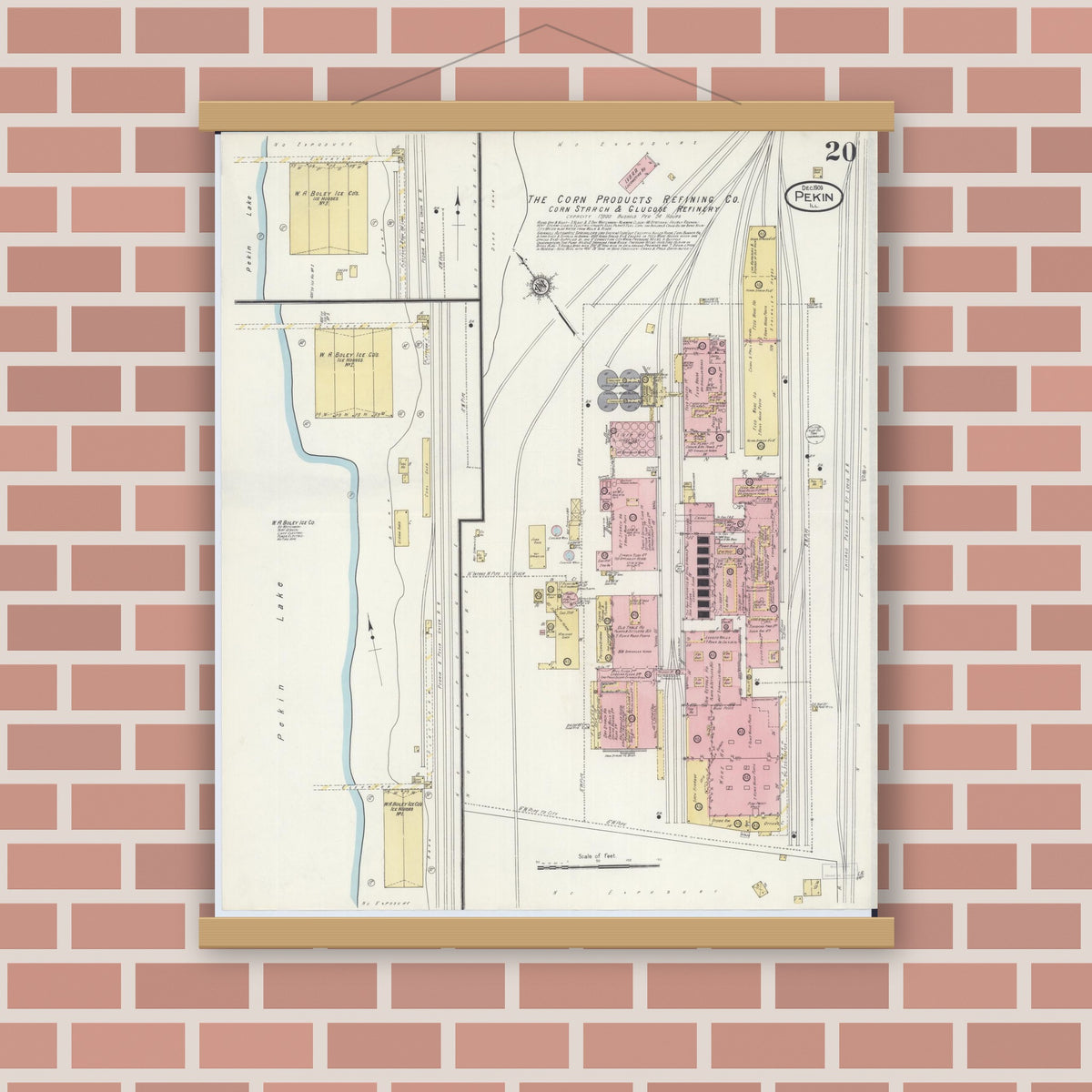 Old map wall art mockup — magnetic wood frame on brick wall — Sanborn Fire Insurance Map from Pekin, Tazewell County, Illinois (1909), Sheet #0020