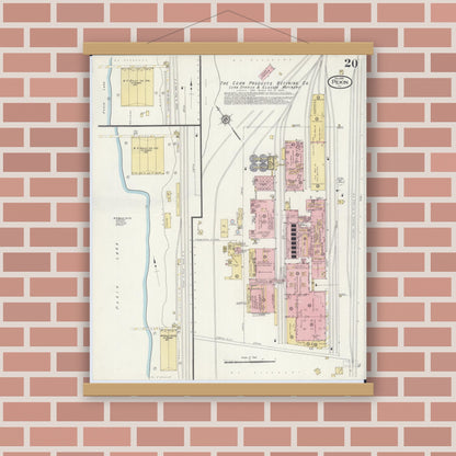 Old map wall art mockup — magnetic wood frame on brick wall — Sanborn Fire Insurance Map from Pekin, Tazewell County, Illinois (1909), Sheet #0020
