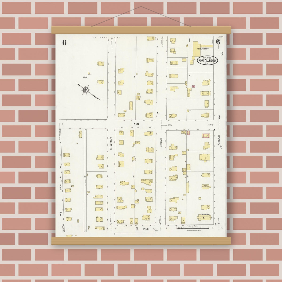 Old map wall art mockup — magnetic wood frame on brick wall — Sanborn Fire Insurance Map from Port Allegany, McKean County, Pennsylvania (1924), Sheet #0006