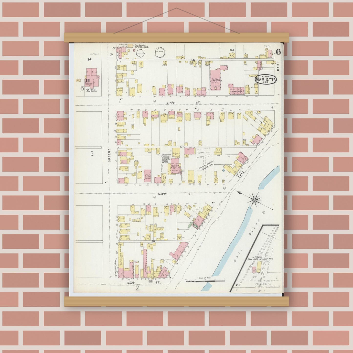 Old map wall art mockup — magnetic wood frame on brick wall — Sanborn Fire Insurance Map from Marietta, Washington County, Ohio (1896), Sheet #0006