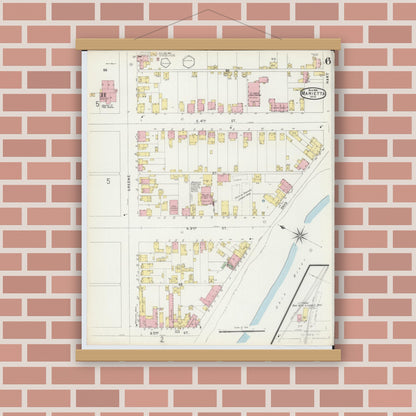 Old map wall art mockup — magnetic wood frame on brick wall — Sanborn Fire Insurance Map from Marietta, Washington County, Ohio (1896), Sheet #0006