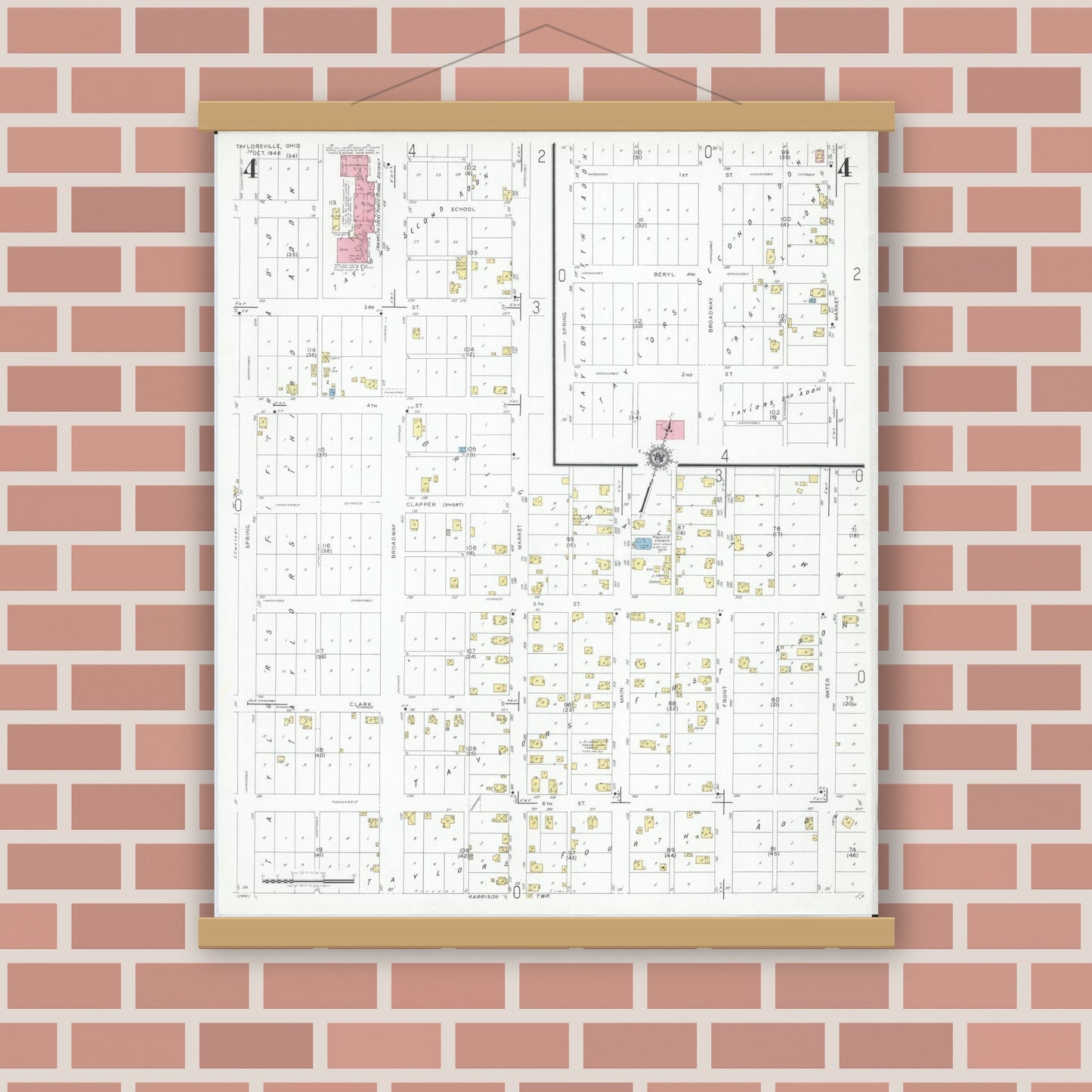 Old map wall art mockup — magnetic wood frame on brick wall — Sanborn Fire Insurance Map from Taylorsville, Muskingum County, Ohio (1946), Sheet #0004