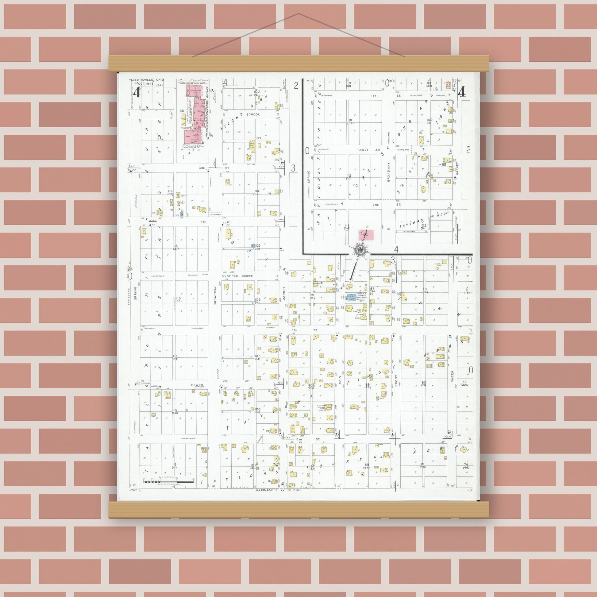 Old map wall art mockup — magnetic wood frame on brick wall — Sanborn Fire Insurance Map from Taylorsville, Muskingum County, Ohio (1946), Sheet #0004