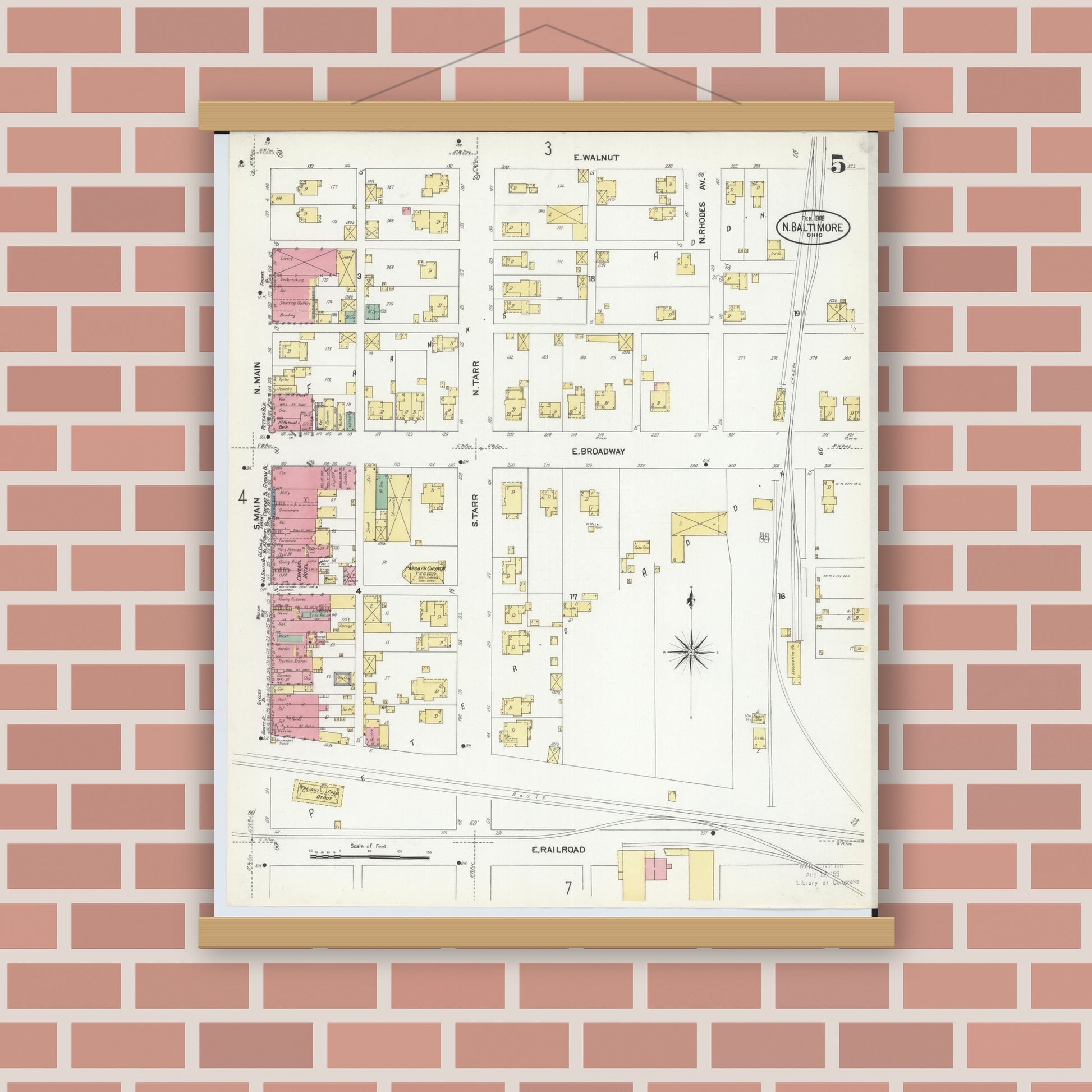Old map wall art mockup — magnetic wood frame on brick wall — Sanborn Fire Insurance Map from North Baltimore, Wood County, Ohio (1908), Sheet #0005