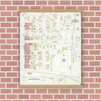 Old map wall art mockup — magnetic wood frame on brick wall — Sanborn Fire Insurance Map from North Baltimore, Wood County, Ohio (1908), Sheet #0005