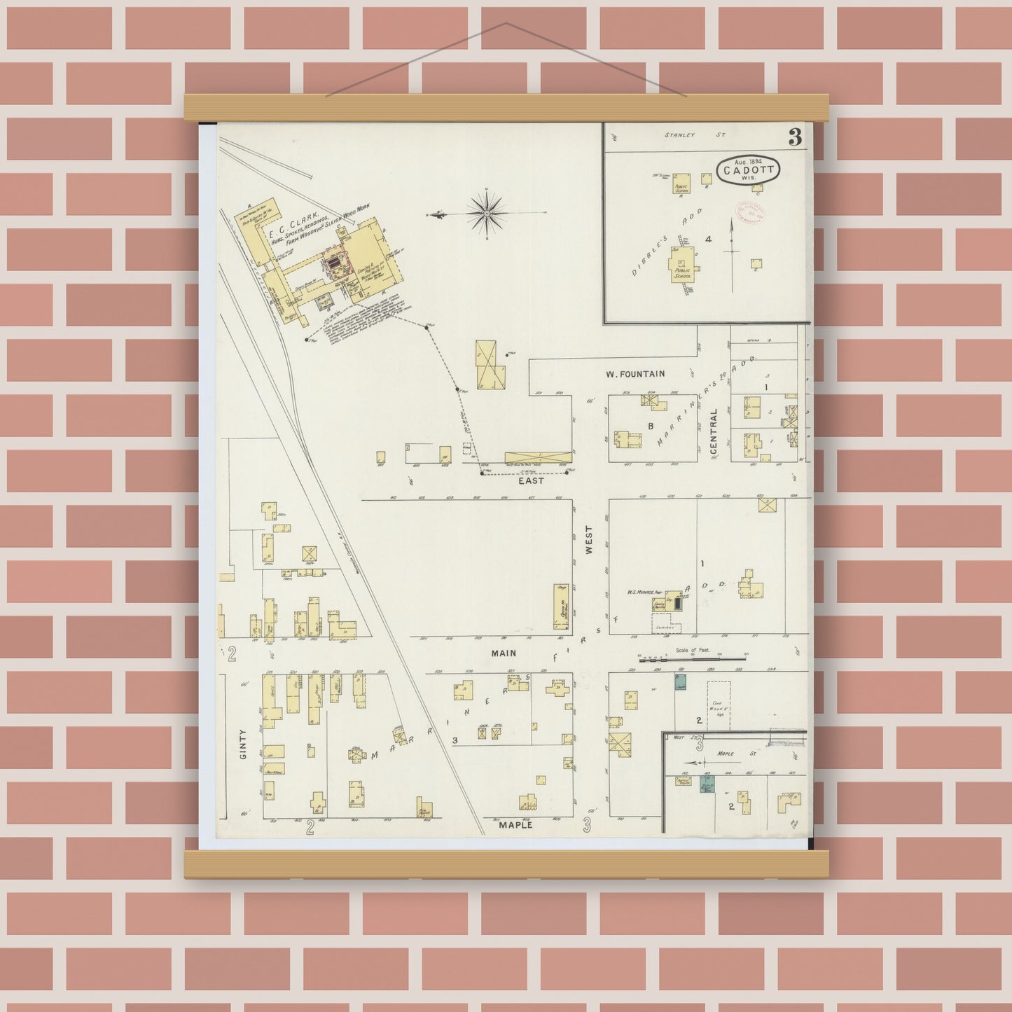 Old map wall art mockup — magnetic wood frame on brick wall — Sanborn Fire Insurance Map from Cadott, Chippewa County, Wisconsin (1894), Sheet #0003