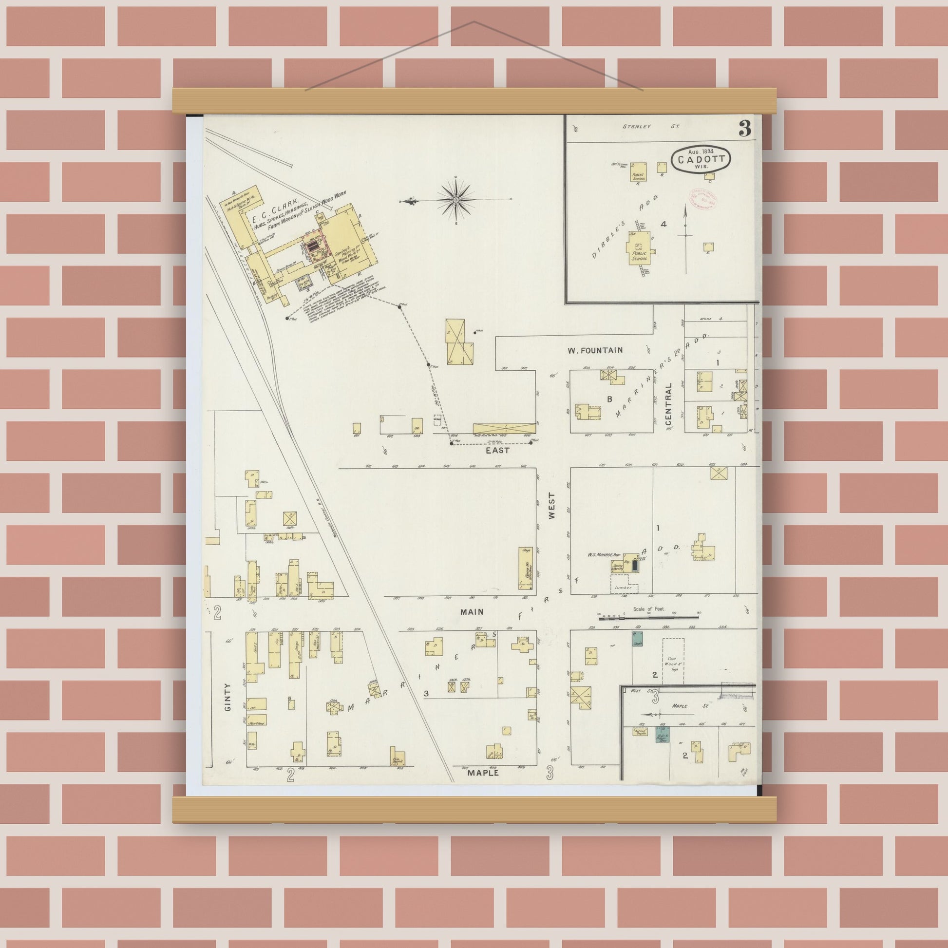Old map wall art mockup — magnetic wood frame on brick wall — Sanborn Fire Insurance Map from Cadott, Chippewa County, Wisconsin (1894), Sheet #0003