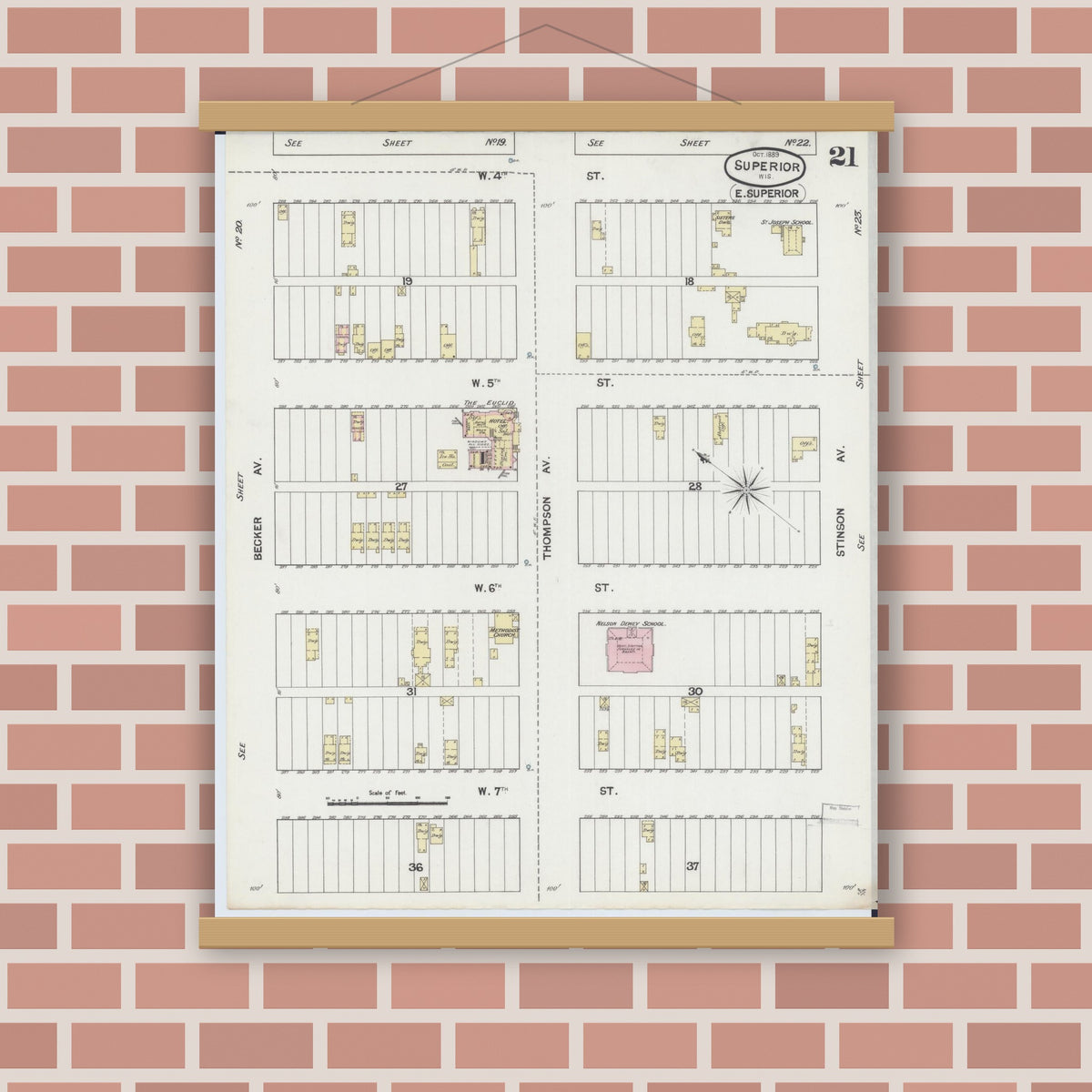 Old map wall art mockup — magnetic wood frame on brick wall — Sanborn Fire Insurance Map from Superior, Douglas County, Wisconsin (1887), Sheet #0021