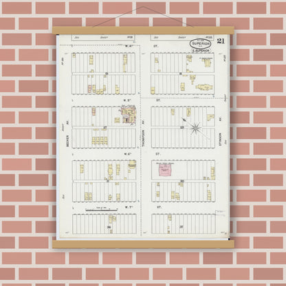 Old map wall art mockup — magnetic wood frame on brick wall — Sanborn Fire Insurance Map from Superior, Douglas County, Wisconsin (1887), Sheet #0021