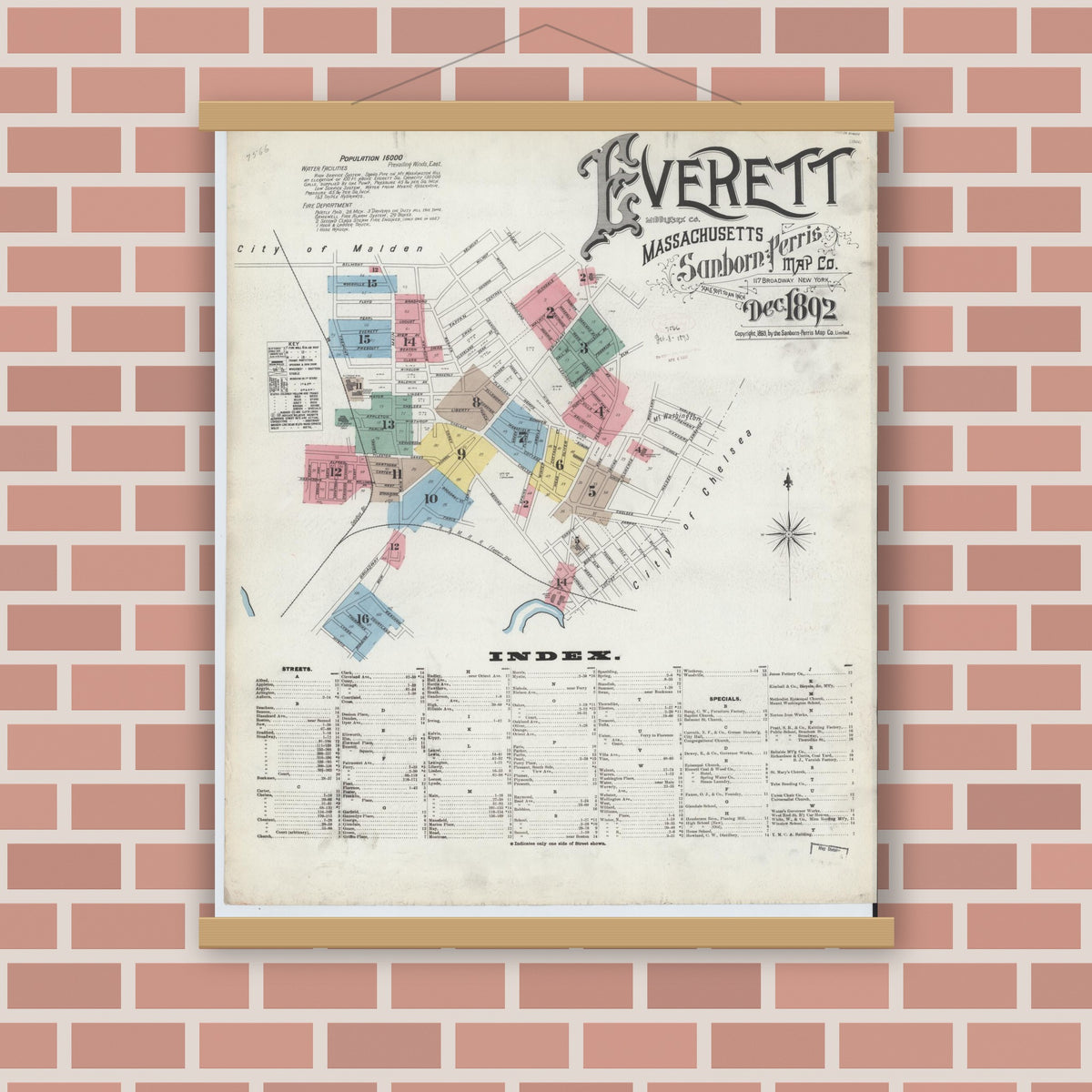 Old map wall art mockup — magnetic wood frame on brick wall — Sanborn Fire Insurance Map from Everett, Middlesex County, Massachusetts (1892), Sheet #0001