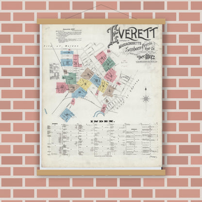 Old map wall art mockup — magnetic wood frame on brick wall — Sanborn Fire Insurance Map from Everett, Middlesex County, Massachusetts (1892), Sheet #0001