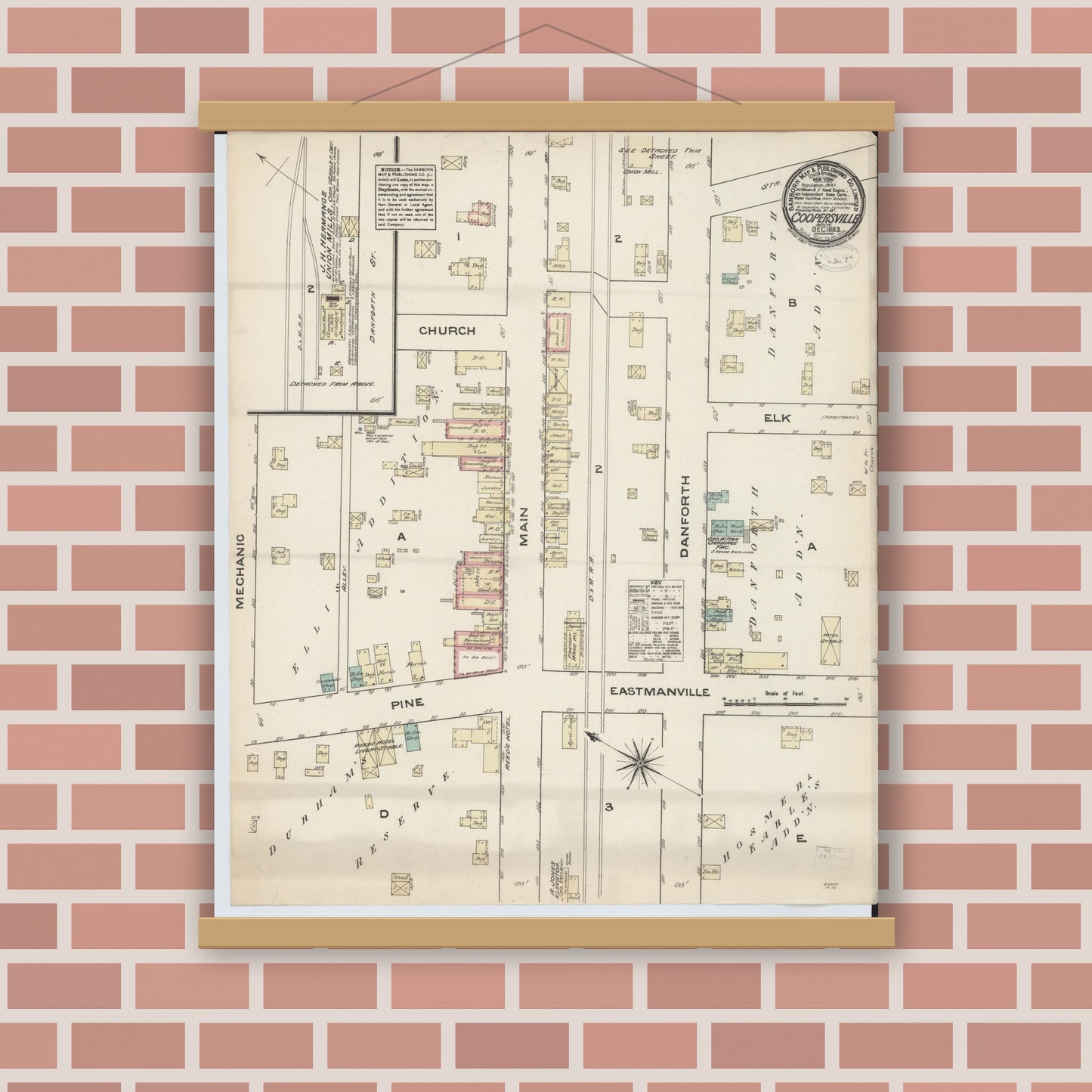 Old map wall art mockup — magnetic wood frame on brick wall — Sanborn Fire Insurance Map from Coopersville, Ottawa County, Michigan (1883), Sheet #0001