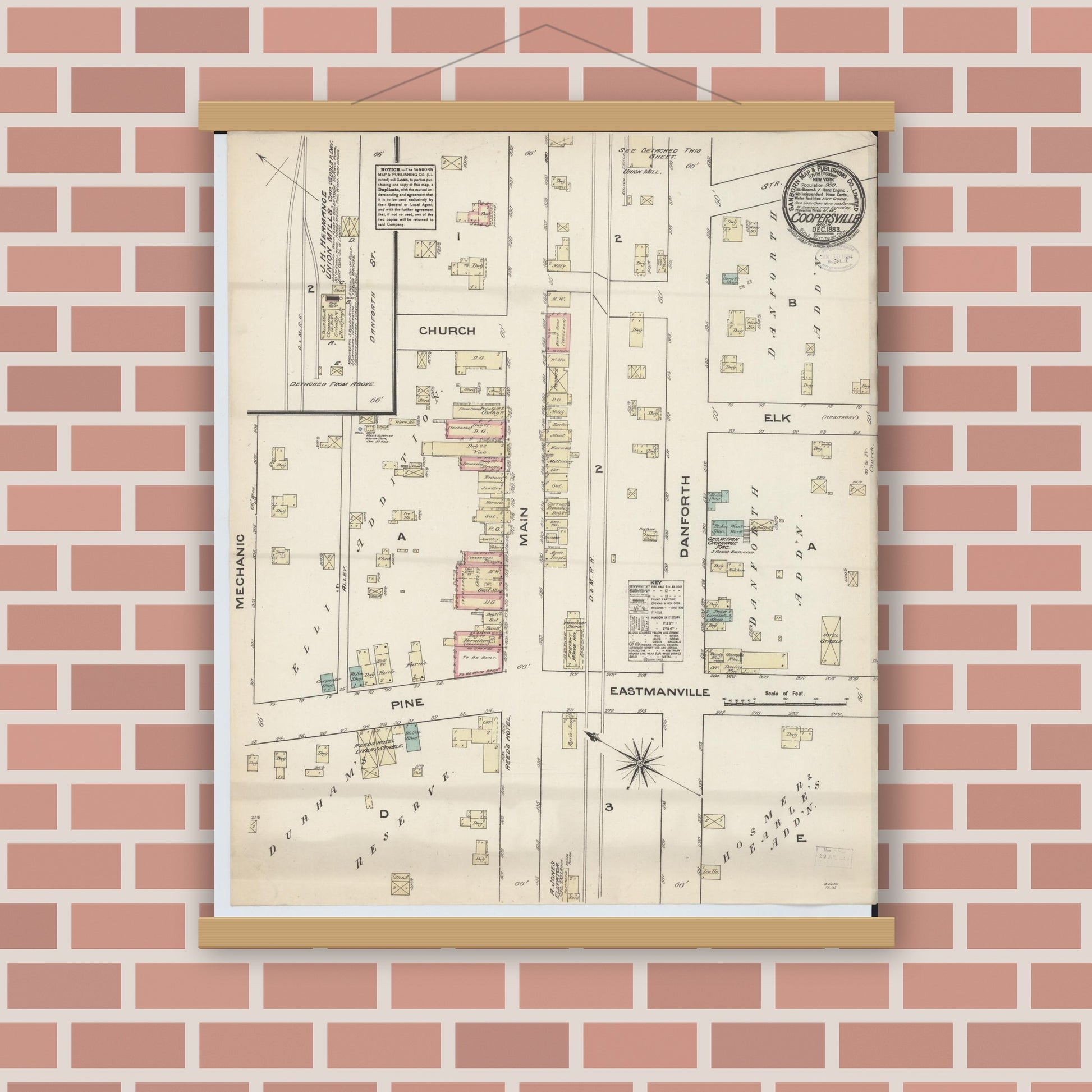 Old map wall art mockup — magnetic wood frame on brick wall — Sanborn Fire Insurance Map from Coopersville, Ottawa County, Michigan (1883), Sheet #0001