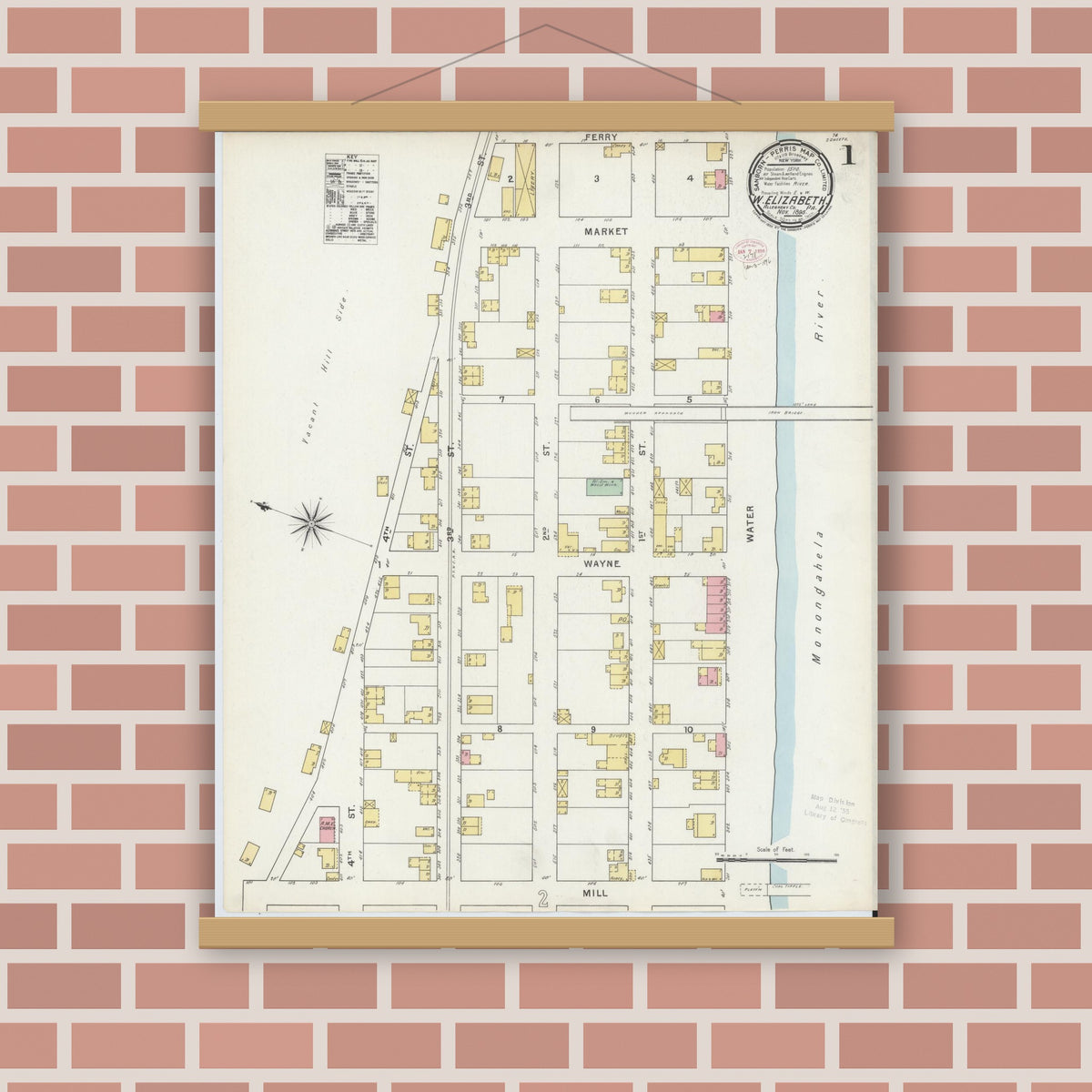 Old map wall art mockup — magnetic wood frame on brick wall — Sanborn Fire Insurance Map from West Elizabeth, Allegheny County, Pennsylvania (1895) - Complete Map Set