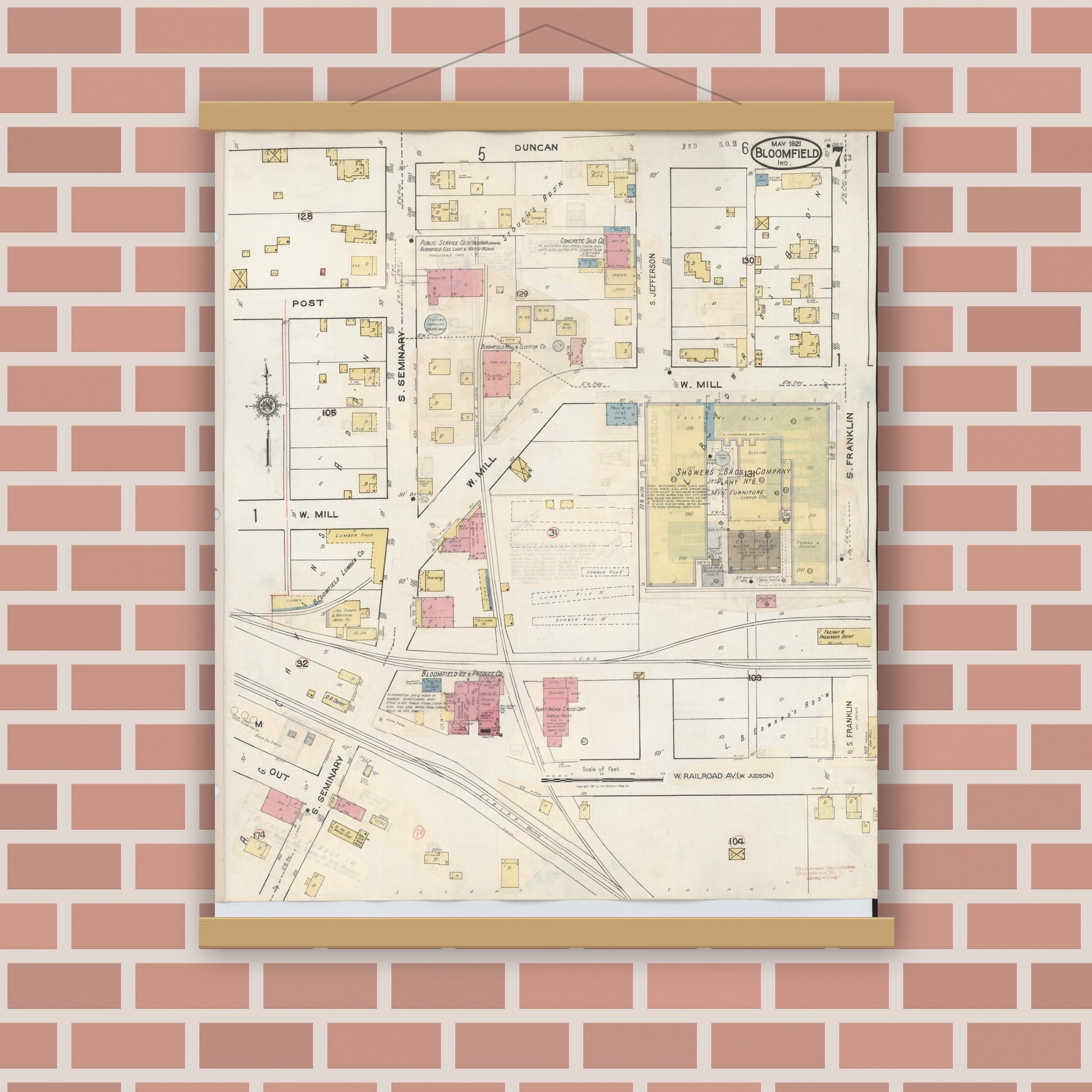 Old map wall art mockup — magnetic wood frame on brick wall — Sanborn Fire Insurance Map from Bloomfield, Greene County, Indiana (1940), Sheet #0007
