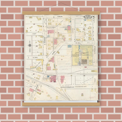 Old map wall art mockup — magnetic wood frame on brick wall — Sanborn Fire Insurance Map from Bloomfield, Greene County, Indiana (1940), Sheet #0007