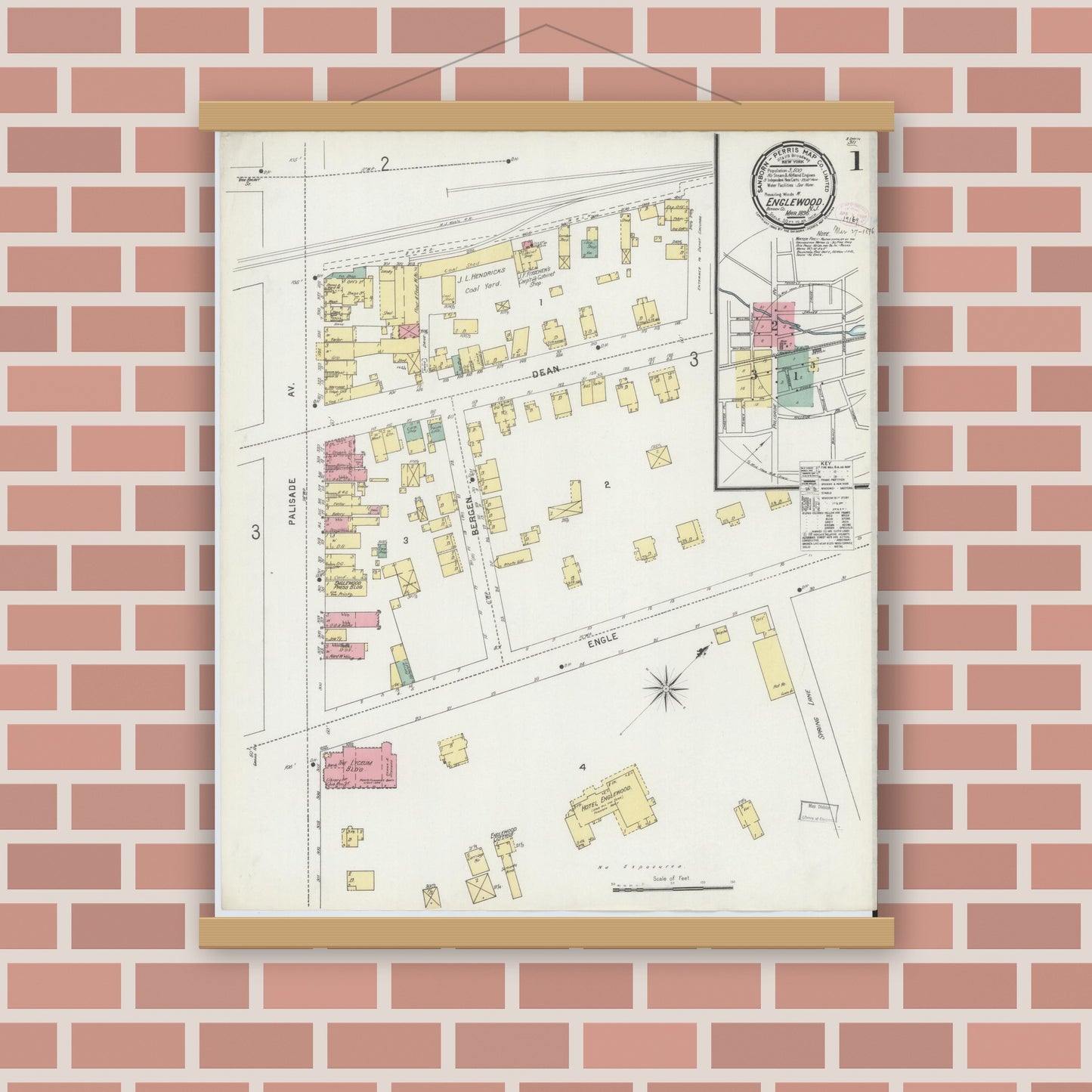 Old map wall art mockup — magnetic wood frame on brick wall — Sanborn Fire Insurance Map from Englewood, Bergen County, New Jersey (1896), Sheet #0001