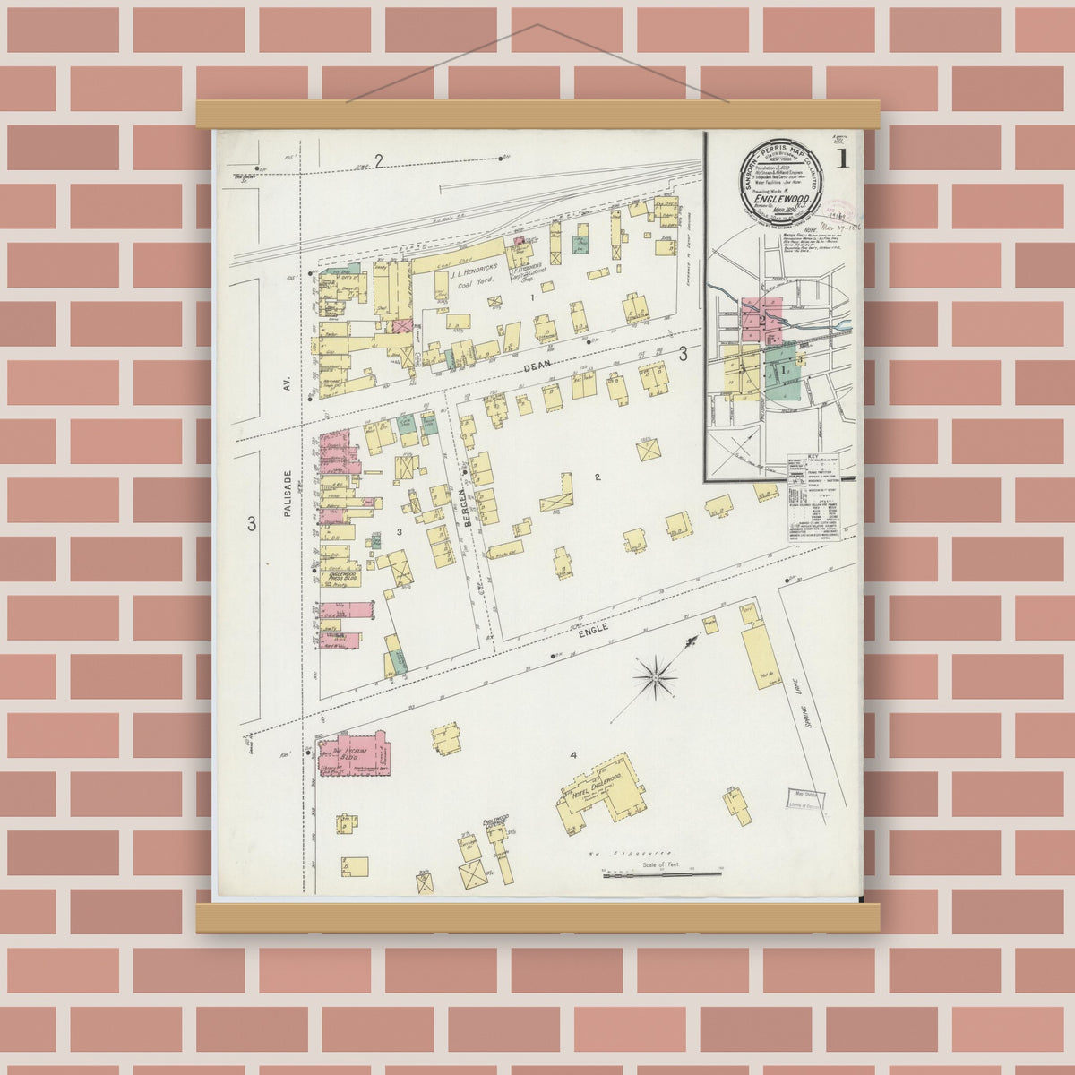 Old map wall art mockup — magnetic wood frame on brick wall — Sanborn Fire Insurance Map from Englewood, Bergen County, New Jersey (1896), Sheet #0001