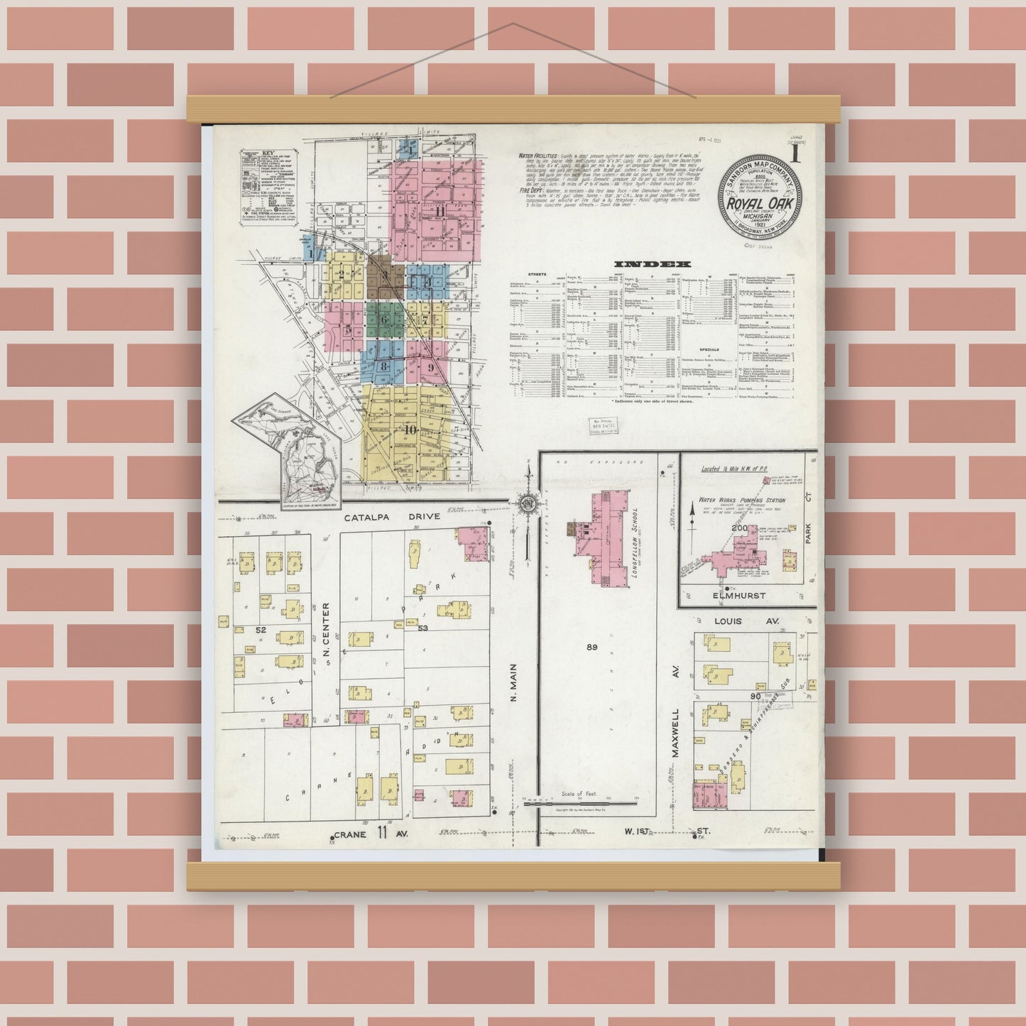 Old map wall art mockup — magnetic wood frame on brick wall — Sanborn Fire Insurance Map from Royal Oak, Oakland County, Michigan (1921) - Complete Map Set