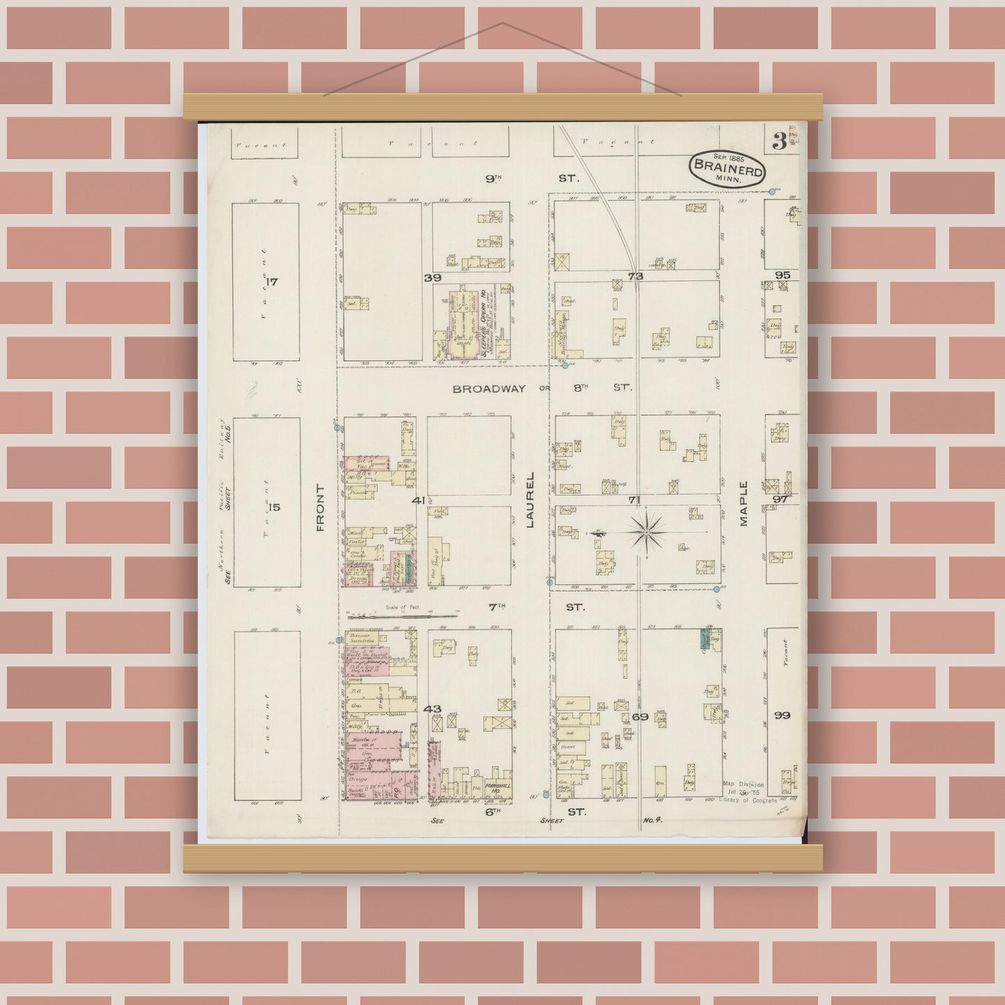 Old map wall art mockup — magnetic wood frame on brick wall — Sanborn Fire Insurance Map from Brainerd, Crow Wing County, Minnesota (1885), Sheet #0003