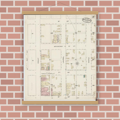 Old map wall art mockup — magnetic wood frame on brick wall — Sanborn Fire Insurance Map from Brainerd, Crow Wing County, Minnesota (1885), Sheet #0003