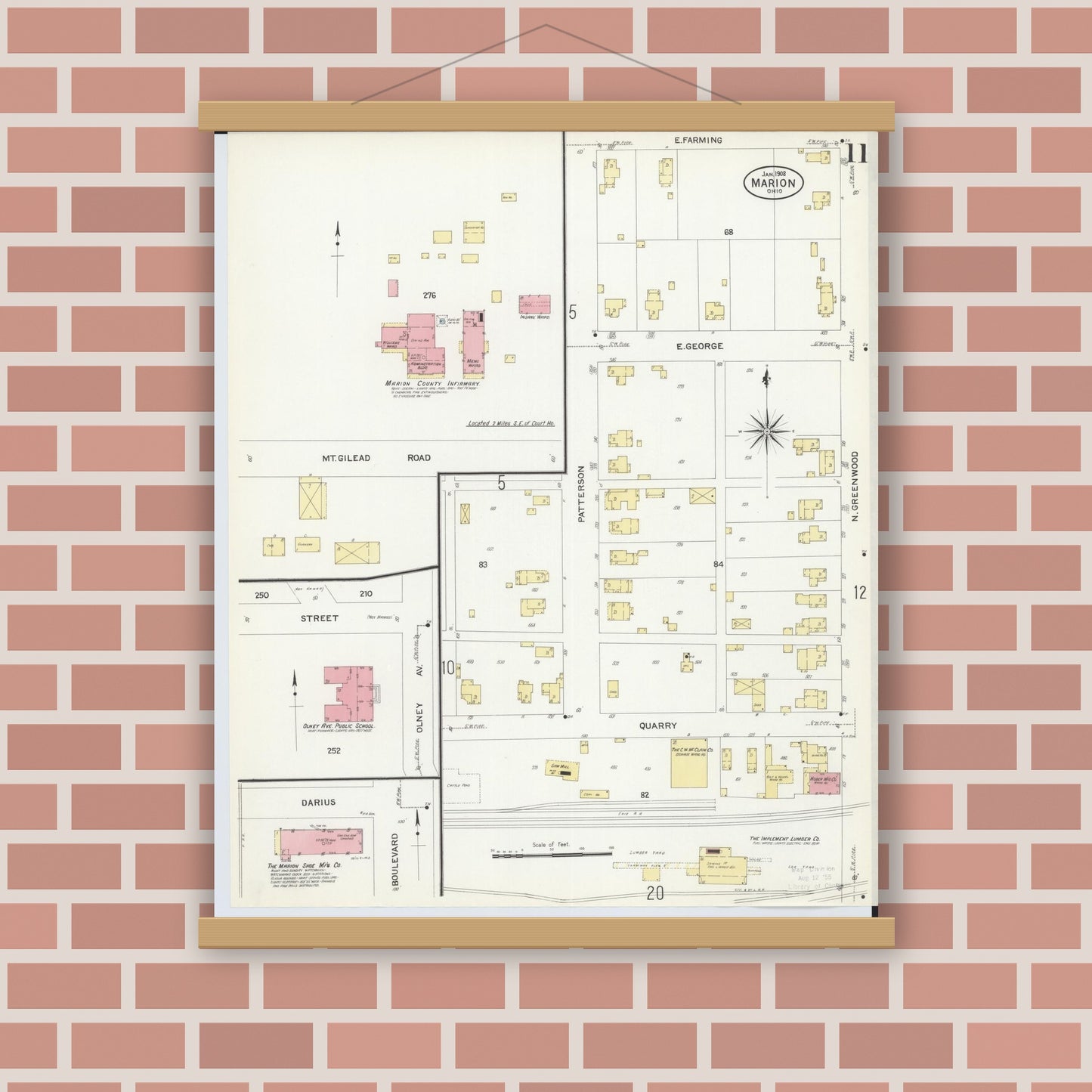 Old map wall art mockup — magnetic wood frame on brick wall — Sanborn Fire Insurance Map from Marion, Marion County, Ohio (1908), Sheet #0011