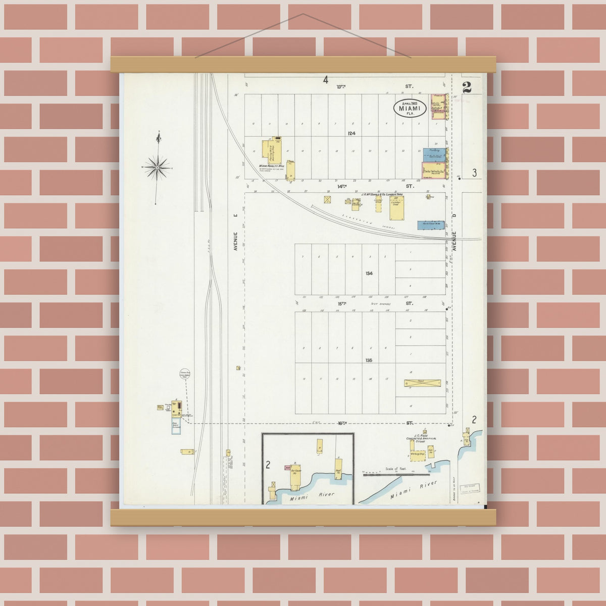Old map wall art mockup — magnetic wood frame on brick wall — Sanborn Fire Insurance Map from Miami, Dade County, Florida (1903), Sheet #0002