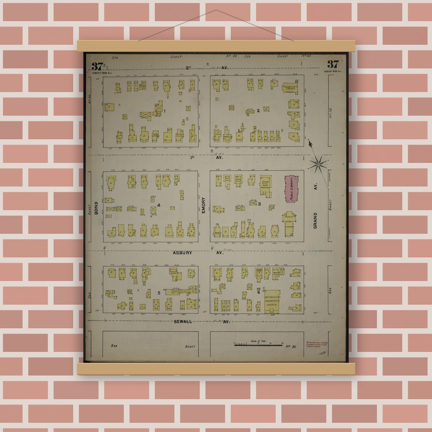 Old map wall art mockup — magnetic wood frame on brick wall — Sanborn Fire Insurance Map from New Jersey Coast, New Jersey Coast, New Jersey (1890), Sheet #0037
