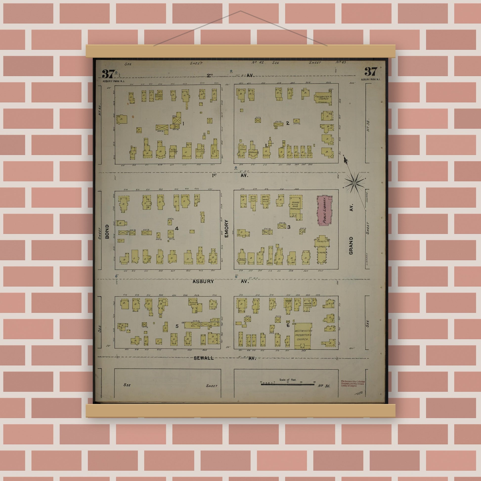 Old map wall art mockup — magnetic wood frame on brick wall — Sanborn Fire Insurance Map from New Jersey Coast, New Jersey Coast, New Jersey (1890), Sheet #0037