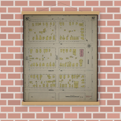Old map wall art mockup — magnetic wood frame on brick wall — Sanborn Fire Insurance Map from New Jersey Coast, New Jersey Coast, New Jersey (1890), Sheet #0037