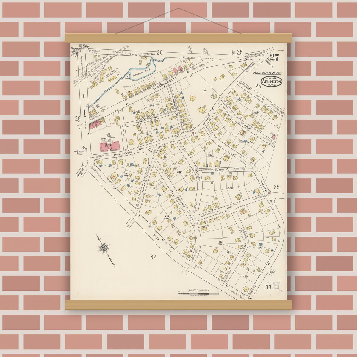 Old map wall art mockup — magnetic wood frame on brick wall — Sanborn Fire Insurance Map from Arlington, Middlesex County, Massachusetts (1922), Sheet #0027