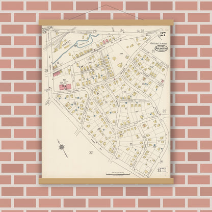 Old map wall art mockup — magnetic wood frame on brick wall — Sanborn Fire Insurance Map from Arlington, Middlesex County, Massachusetts (1922), Sheet #0027