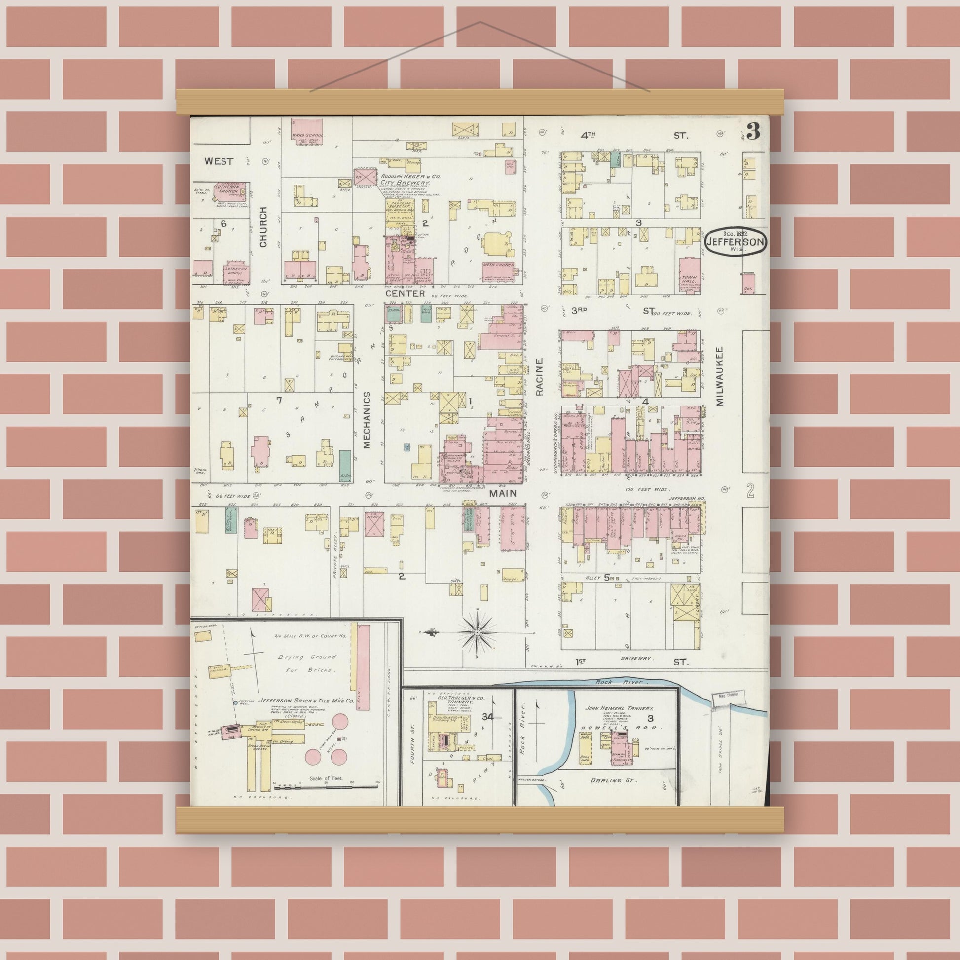 Old map wall art mockup — magnetic wood frame on brick wall — Sanborn Fire Insurance Map from Jefferson, Jefferson County, Wisconsin (1892), Sheet #0003