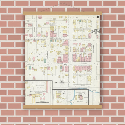 Old map wall art mockup — magnetic wood frame on brick wall — Sanborn Fire Insurance Map from Jefferson, Jefferson County, Wisconsin (1892), Sheet #0003