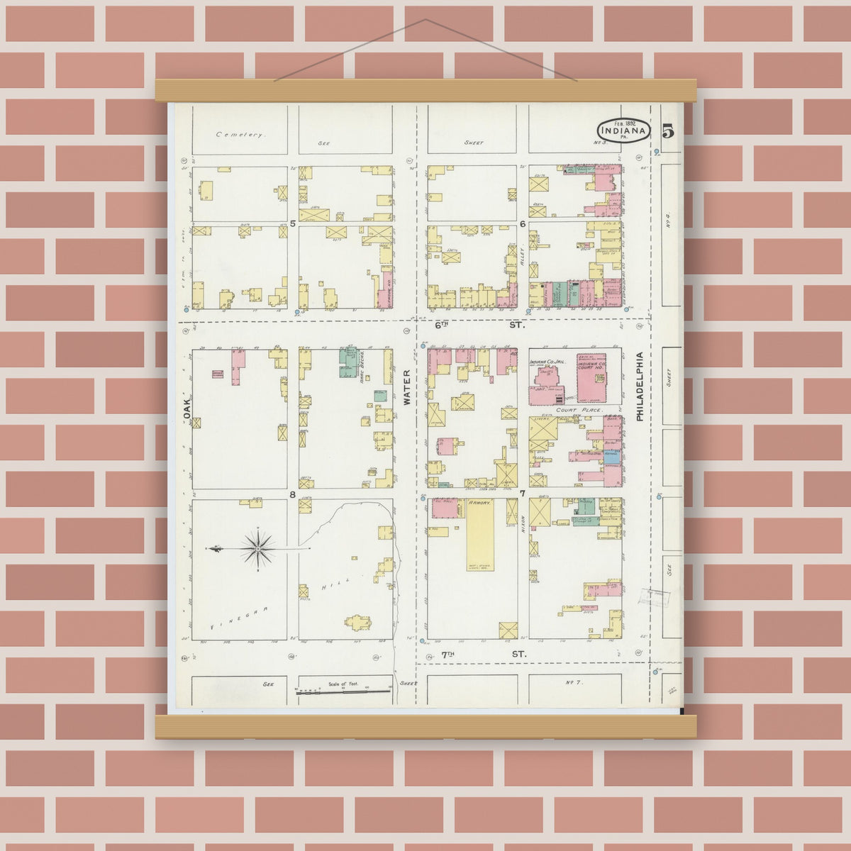 Old map wall art mockup — magnetic wood frame on brick wall — Sanborn Fire Insurance Map from Indiana, Indiana County, Pennsylvania (1892), Sheet #0005