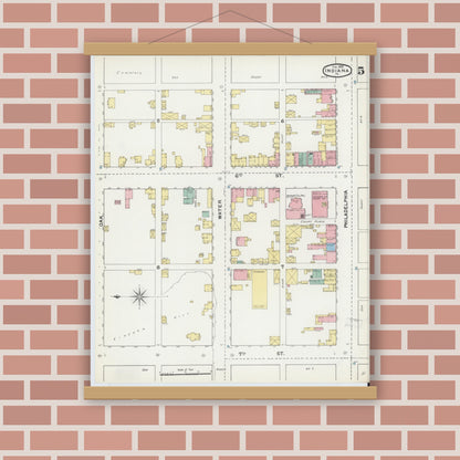 Old map wall art mockup — magnetic wood frame on brick wall — Sanborn Fire Insurance Map from Indiana, Indiana County, Pennsylvania (1892), Sheet #0005