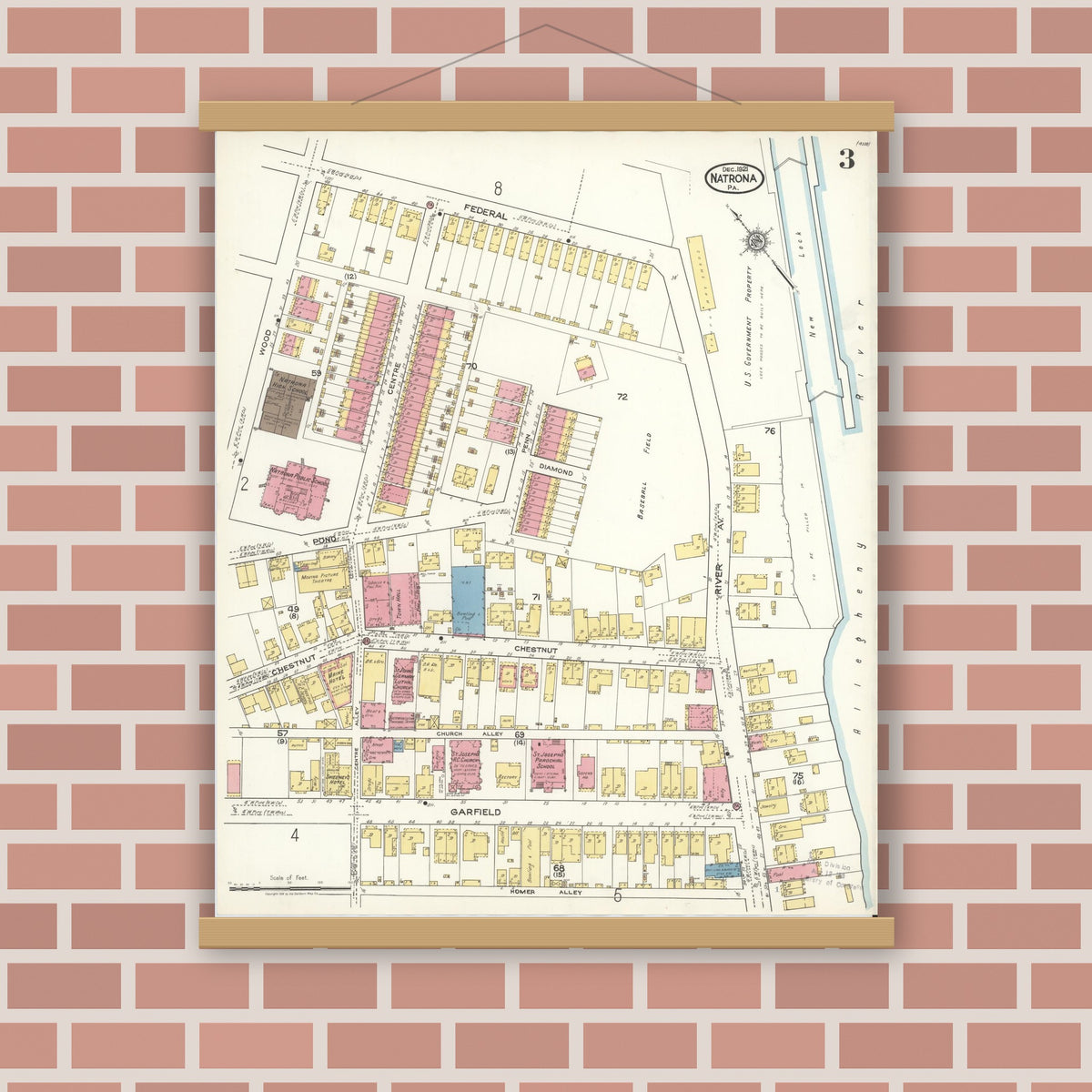 Old map wall art mockup — magnetic wood frame on brick wall — Sanborn Fire Insurance Map from Natrona, Allegheny County, Pennsylvania (1921), Sheet #0003